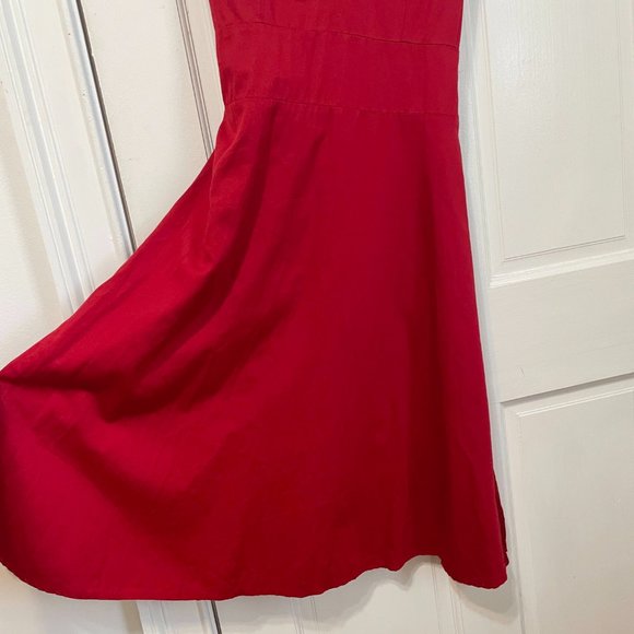 Red Midi Dress Summer Cotton Long Sleeveless V Neck Vtg Europe Zip Tie Bow US 10 - Picture 3 of 8